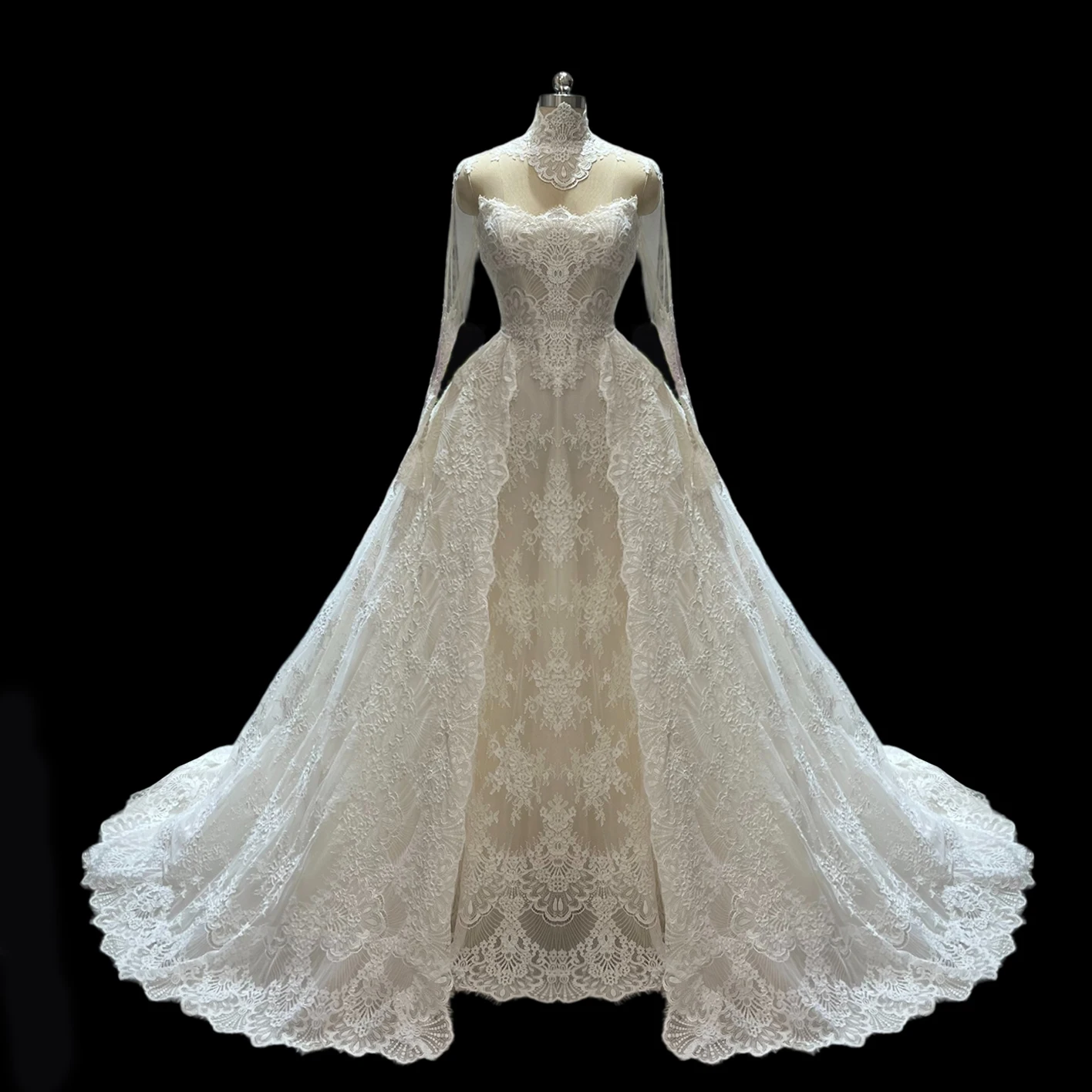 Sheer Fairy Wedding Dresses Elegant Tulle Mermaid Sheer Lone Sleeves Appliques Dubai Bridal Gown with Big Train SW687 Customized