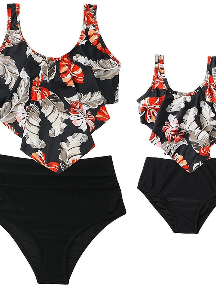 

High Waist Separate Bikini Swimming Suit Women's Casual Surfwear Polyester Material Parent-Child Swimwear Fashionable Design