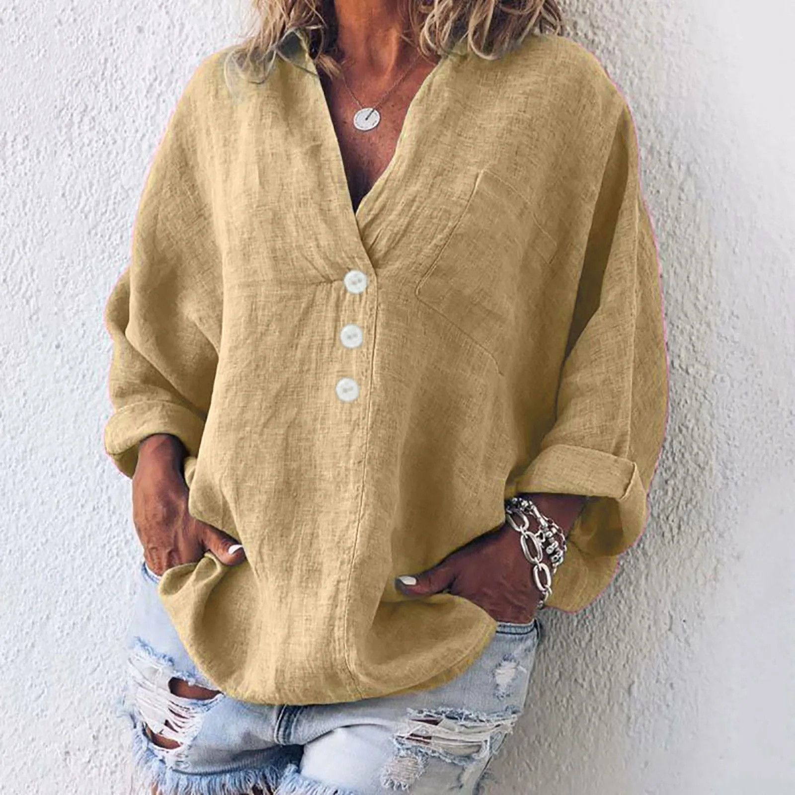 

Long Sleeve Women's Tops Casual Loose Lapel Collar Shirt Pullover Europe and America Fashion Solid Color Long Version Shirt