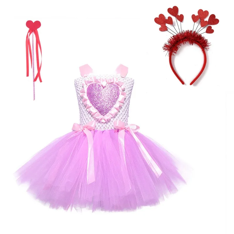 Pink& Red Heart Pattern Tulle Tutu Princess Dress Festival Stage Outfit Birthday Party Attire Romantic Photo Shoot Fancy Apparel