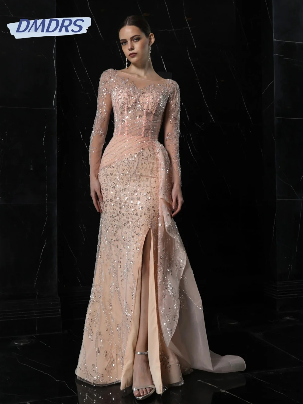 

Graceful Beaded Mermaid Evening Dress With Side Train Modest Long Sleeve Mother Of The Bride Dresses For Wedding Customized