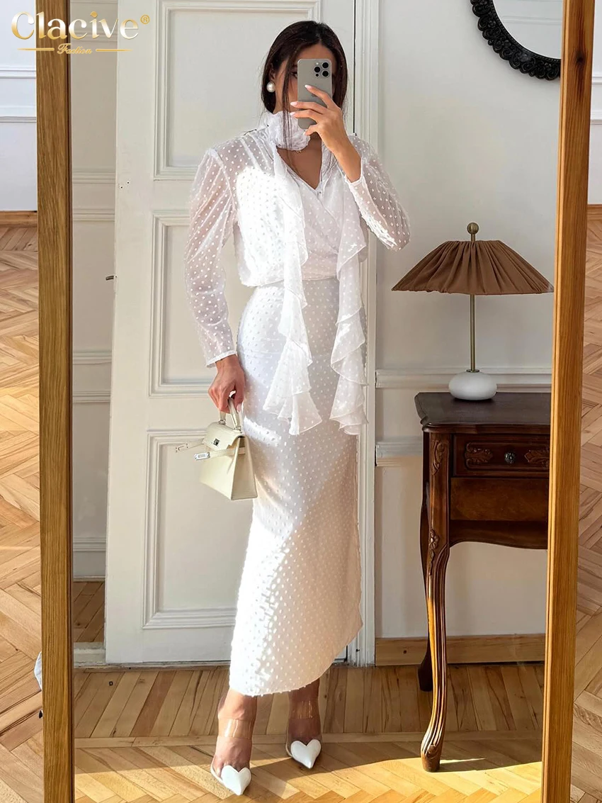 

Clacive Fashion Тонкий белый женский комплект из 3 предметов 2025 Элегантная рубашка с длинным рукавом + майка с высокой талией Длинная юбка Женский комплект