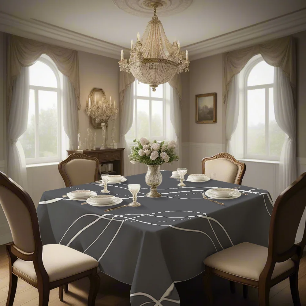 JIT 1pc Digital Printed Square Tablecloth, featuring a modern minimalist style, with dark gray base interwoven with white.xzj
