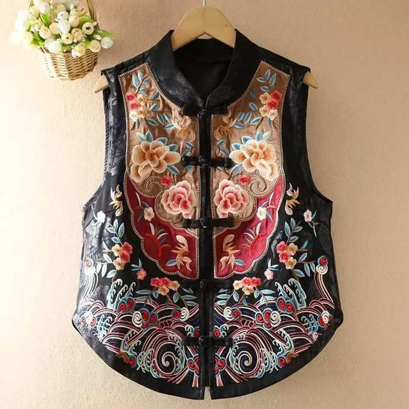 

2025 Autumn New Ethnic Women's Embroidered Heavy Work Buttoned Collarl Svel Vest Top Quali Material Iron Free