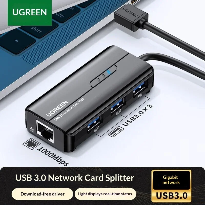 UGREEN 20265 USB 3.0 Hub with 3 USB Ports Gigabit Ethernet RJ45 5Gbps Network Adapter for Laptop Desktop PC