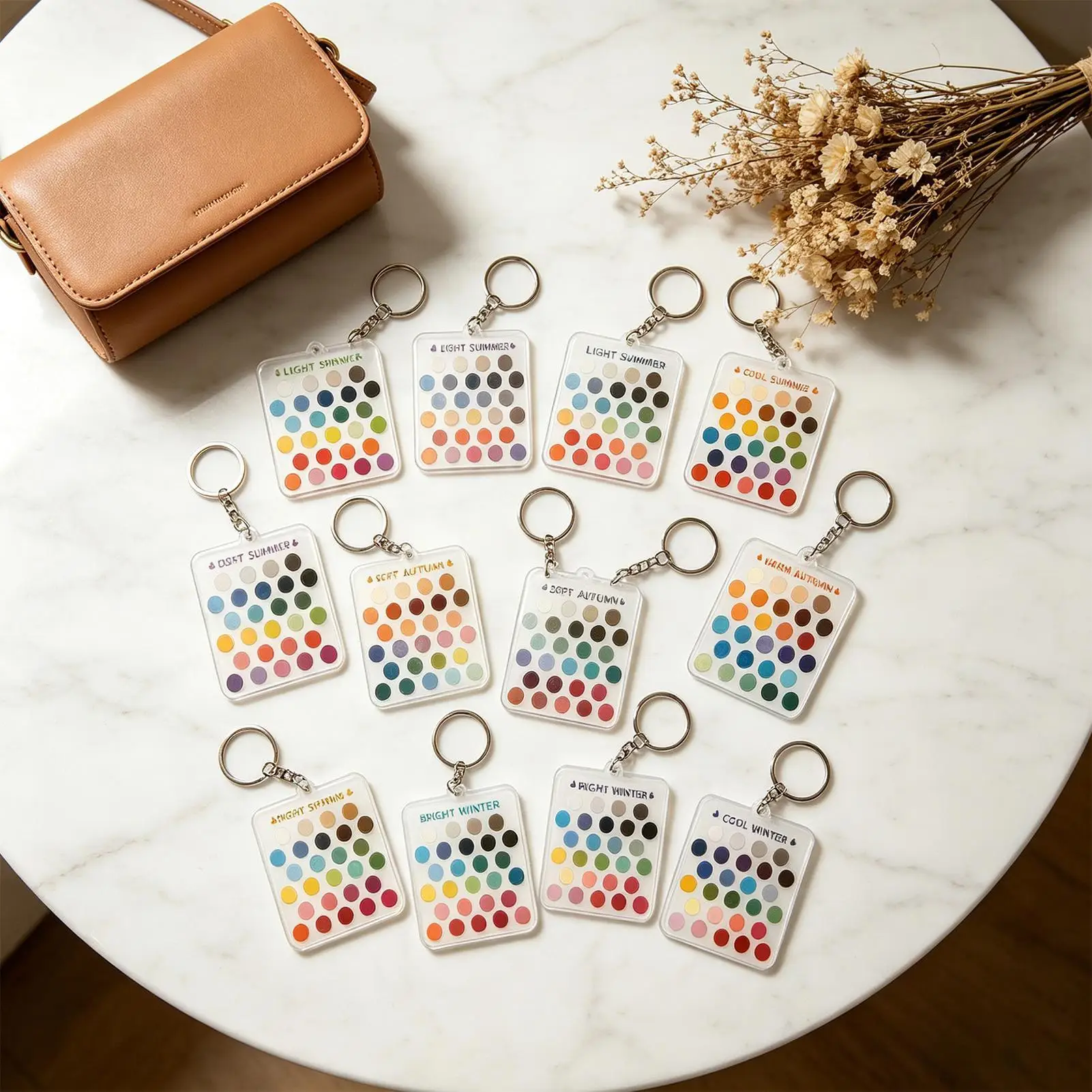 Color Analysis Card Keychain 12Pcs/set Acrylic Personal Color Guide Keychain Palette for Makeup Clothing Eyeshadow Tool