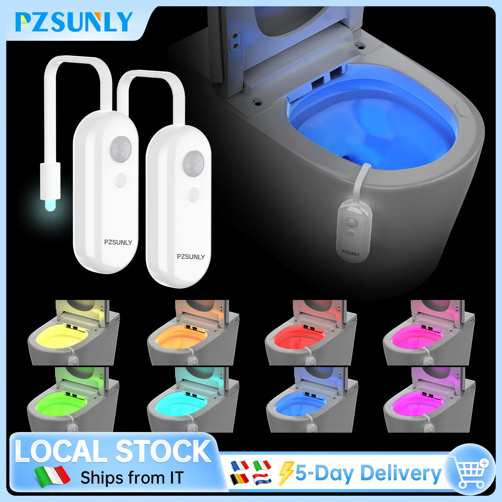 PZSUNLY Luce per WC a induzione, lampada da notte a LED con 8 colori che cambiano, ricarica USB, lampada da parete con sensore intelligente impermeabile per la casa, bagno, toilette, decorazione del