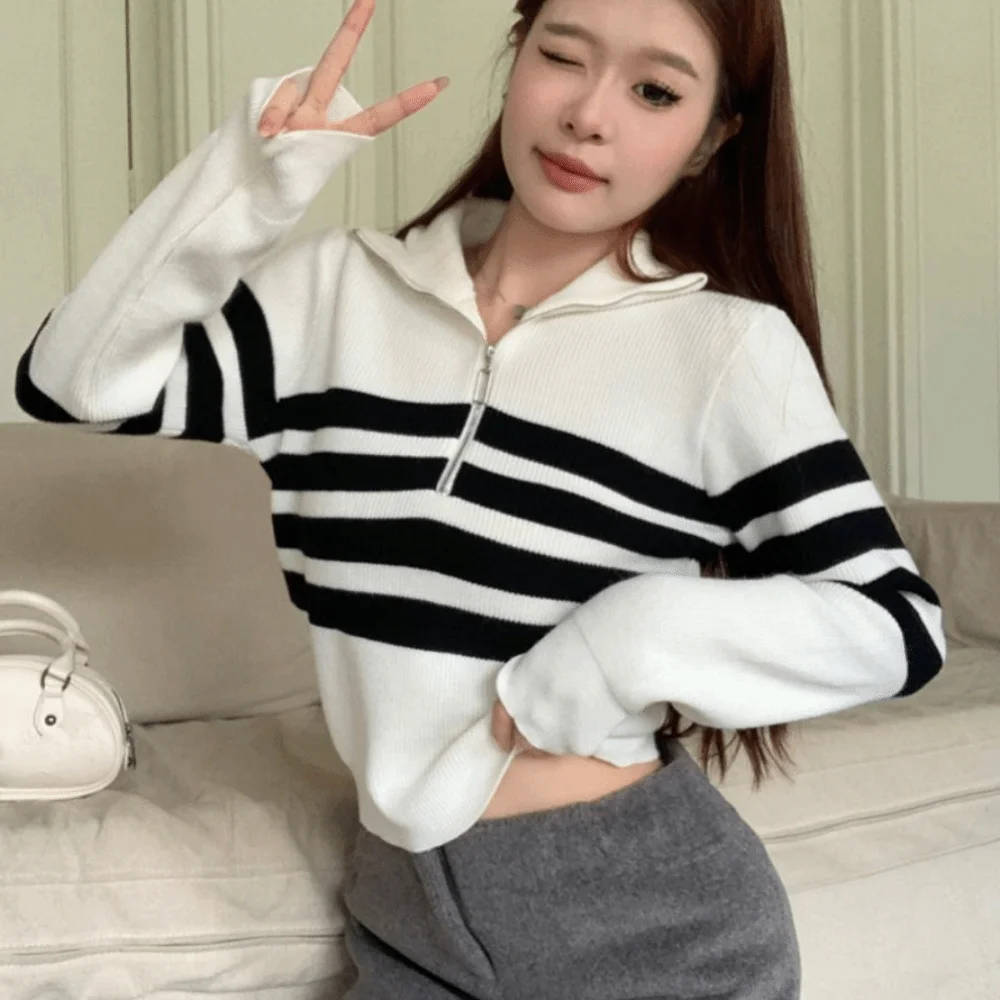 

Вязаный свитер в полоску с длинными рукавами для отдыха на молнии, облегающий вязаный крючком трикотаж, мягкий осенне-зимний вязаный укороченный топ для девочек