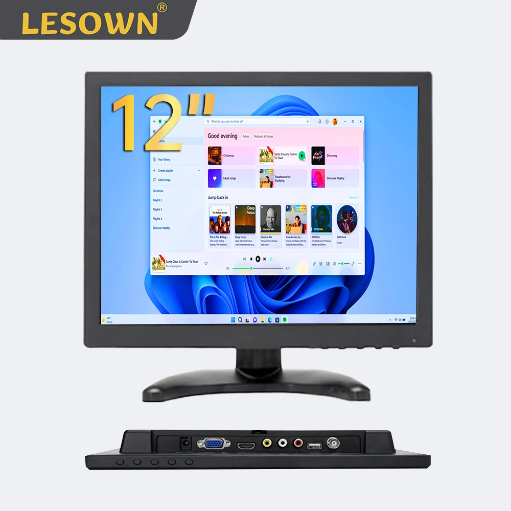 LESOWN 12 inch 4:3 LCD Monitor 1024x768 HD IPS Touch VGA HDMI AV BNC USB Interface Small Display for Parking PC Home Security