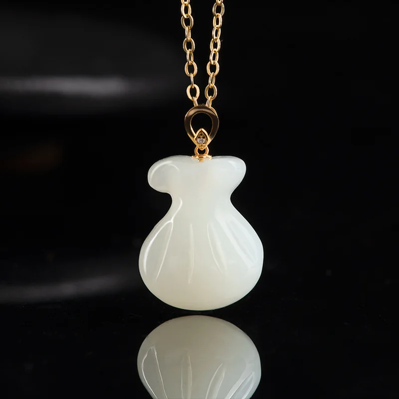 Hetian White Fortune Money Bag 18K Gold Inlaid Jade Necklace Pendant Men And Women