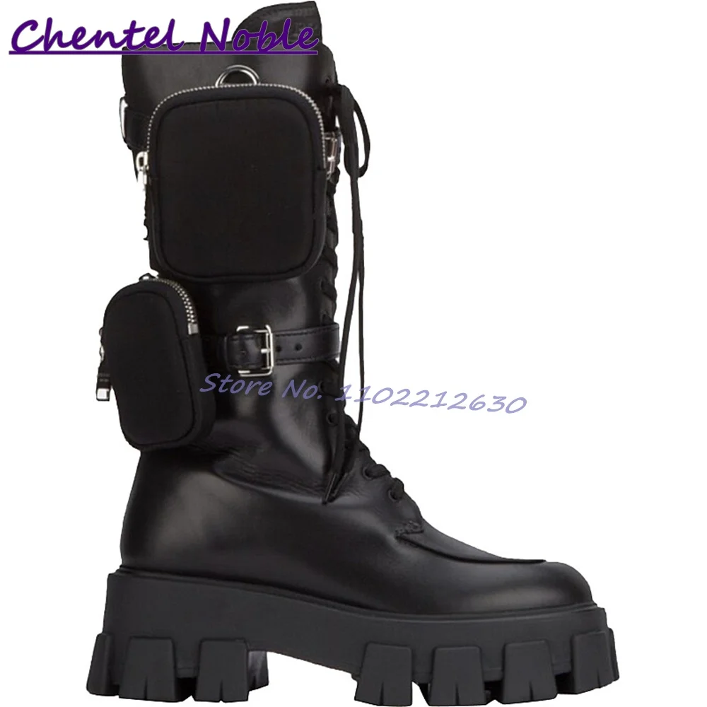 Black Motorcycle Boots Thick Sole Pockets Lace Up Leather Ankle Boots Newest Fashion Cool Comfortable Women Shoes Daily Leisure