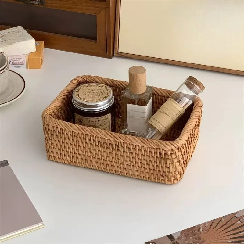 Desktop Rattan Storage Box Rectangular Cosmetic Finishing Box Sundries Storage Basket Ins Wind Decorative Ornament