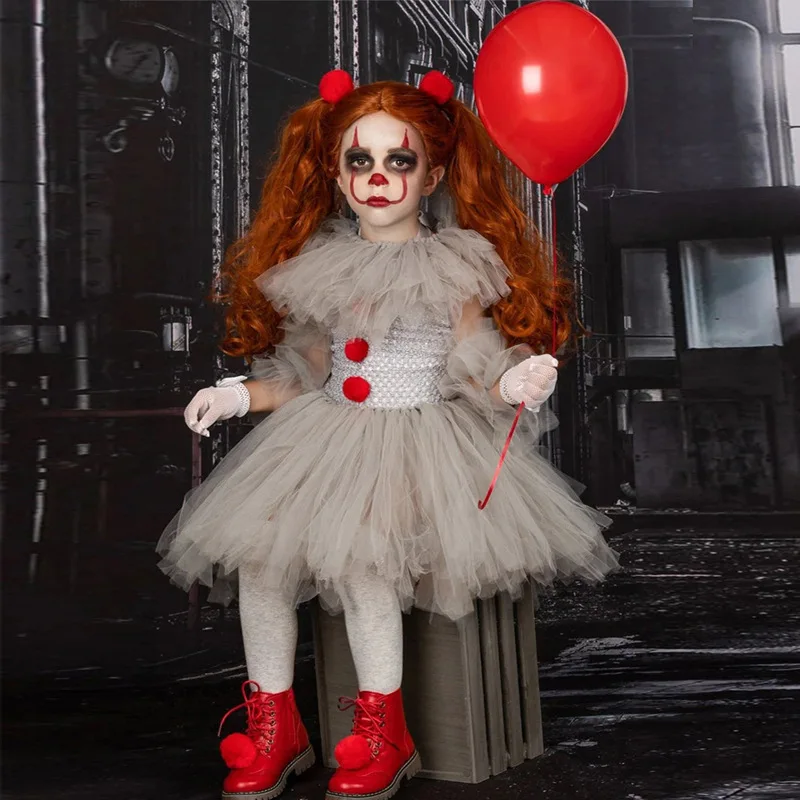 2024 Halloween Costume for Kids Gray Girls Tutu Dress Kids Cosplay Scary Clown Costume Carnival Masquerade Party Dress Up 3-12Y