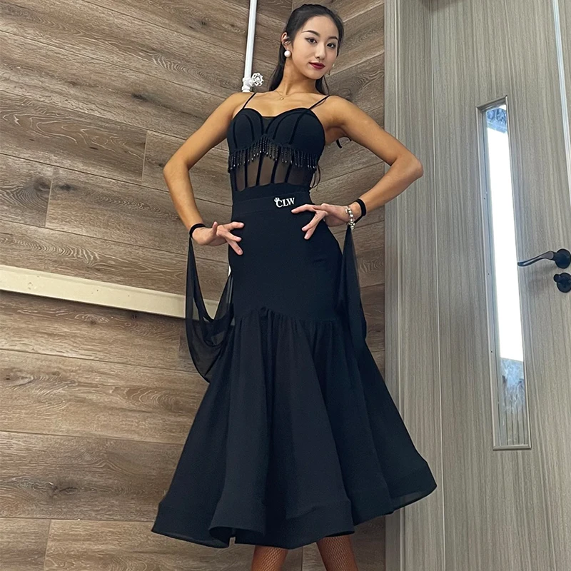 New Ballroom Dance Competition Dress Women Sexy Black Mesh Tops Skirt Adult Waltz Modern Dance Costume Practice Clothes DNV18029