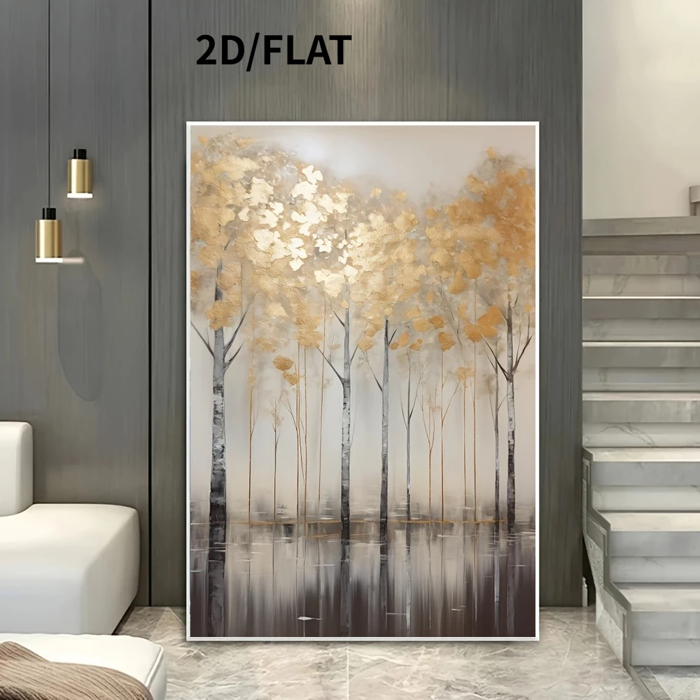 2D/FLAT Modern Abstract Autumn Golden Forest Canvas Art Print Frameless Large Misty Wall Decor for Living Room, Bedroom & Office