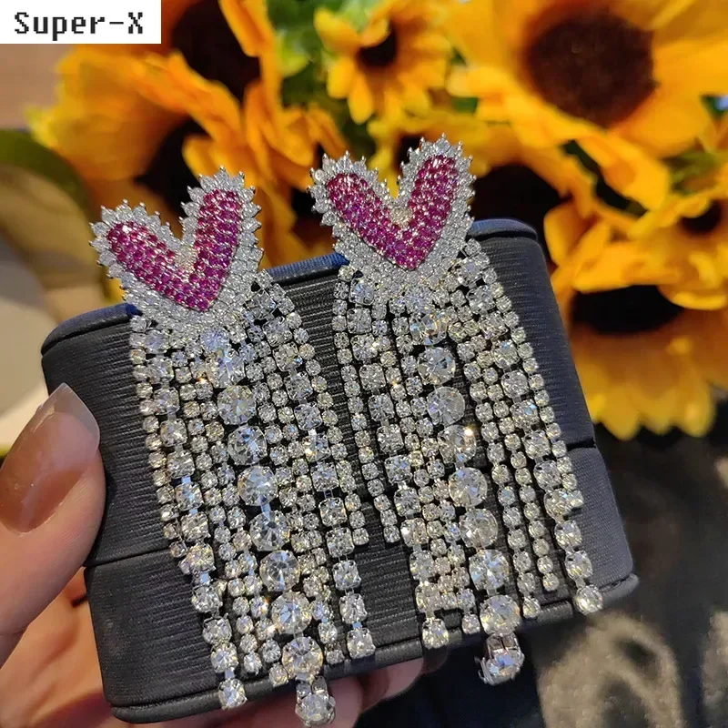 

Серьги с сверкающим цирконом, свадебные серьги для невесты, ужина, роскошные украшения, длинные серьги-цепочки с кисточками, сердце, розовый, синий, серебристый цвет