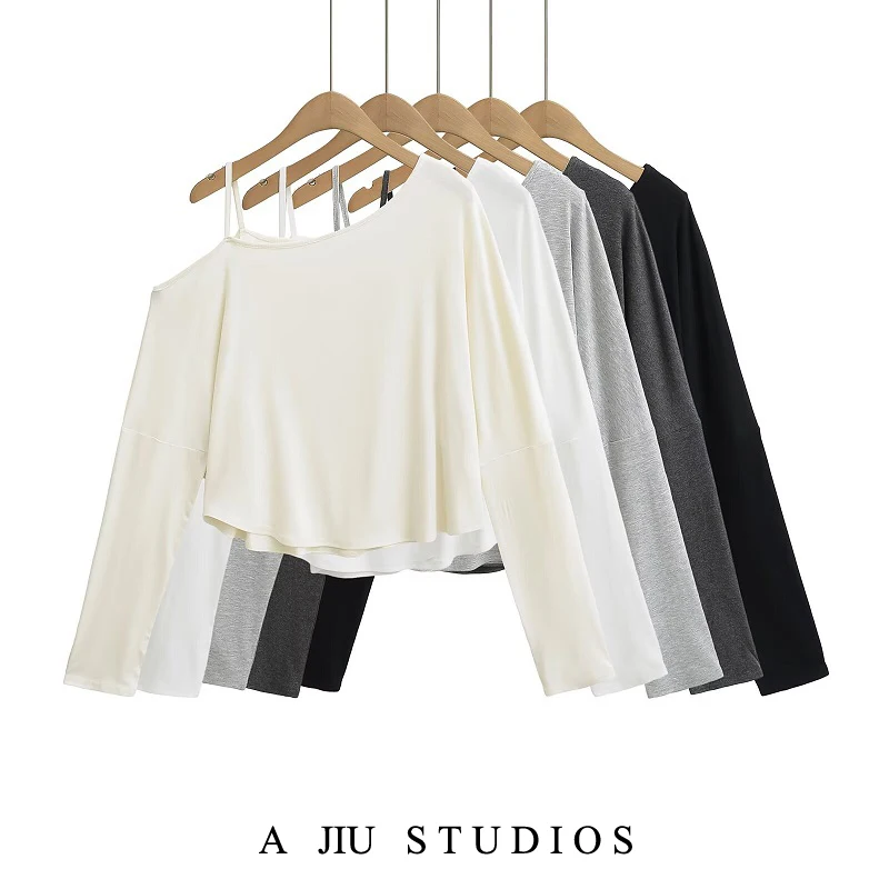 American Style Long Sleeve Shoulder Bared T Shirt Women Short Loose Slimming Sexy Cover up Top Street Style Summer Thin