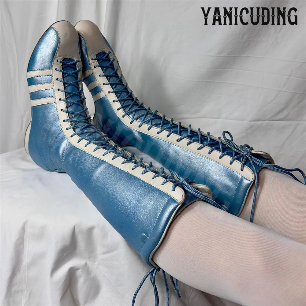 Sporty Style Knee-High Boots for Women Round Toe Comfortable Lace-Up Flat Boots Customizable Multi-color Leather Novelty Boots