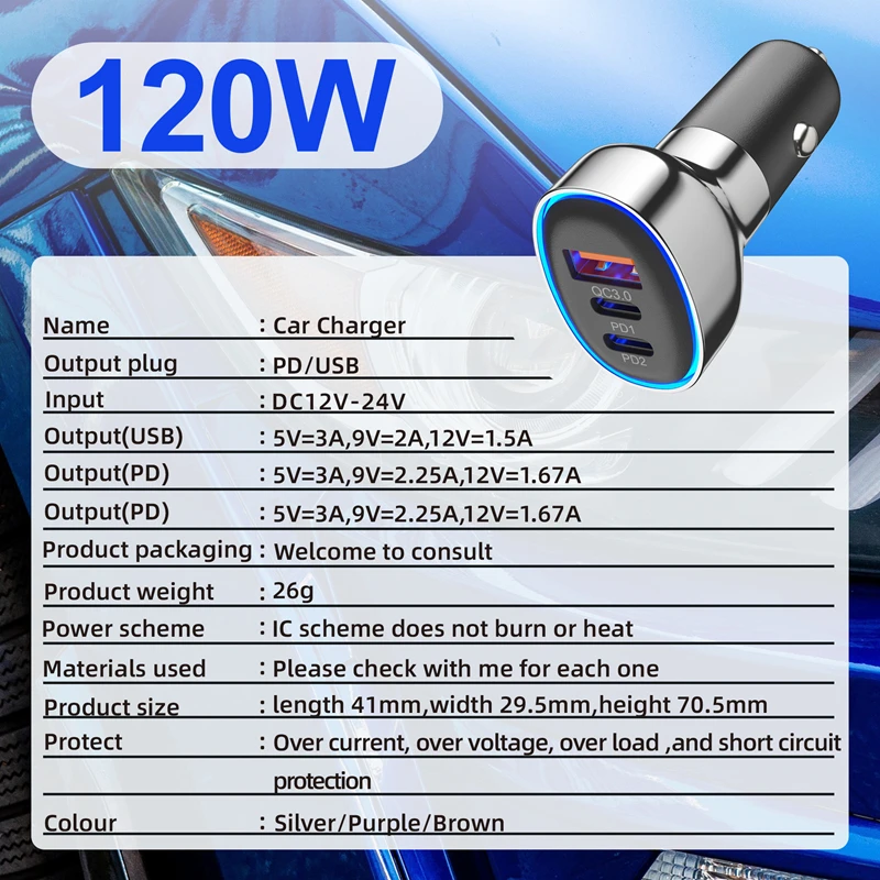 شاحن سيارة سريع Xiaomi 120 وات 2 في 1 USB C 30 وات + تيار متردد 30 وات شحن سريع 3.0 منفذ مزدوج عالمي 12 فولت 24 فولت لهواتف iPhone/Samsung/Android
