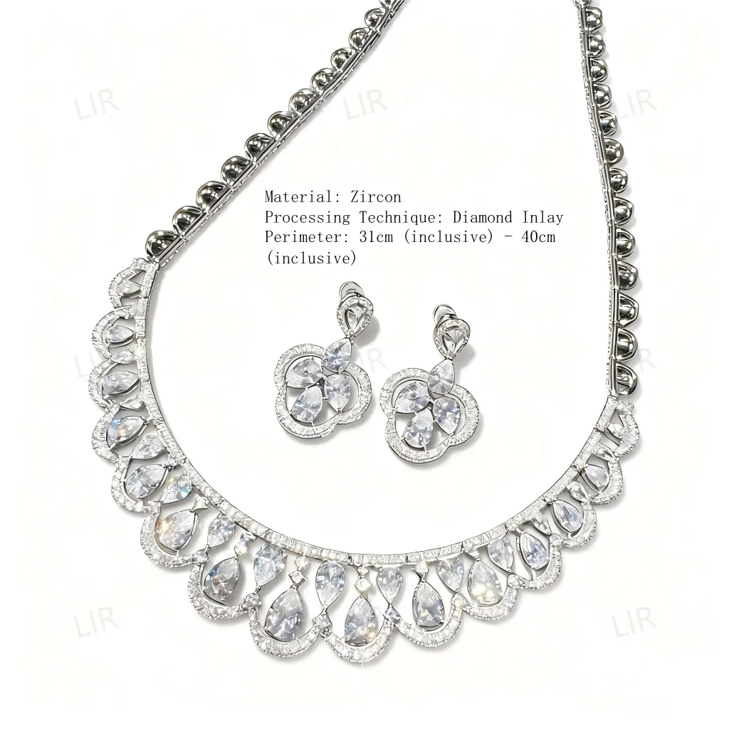 LIR Women's Custom Jewelry Set: Italian Vintage Court Petal Crown Gem Necklace, Sparkly Teardrop Wheat Zircon Earrings