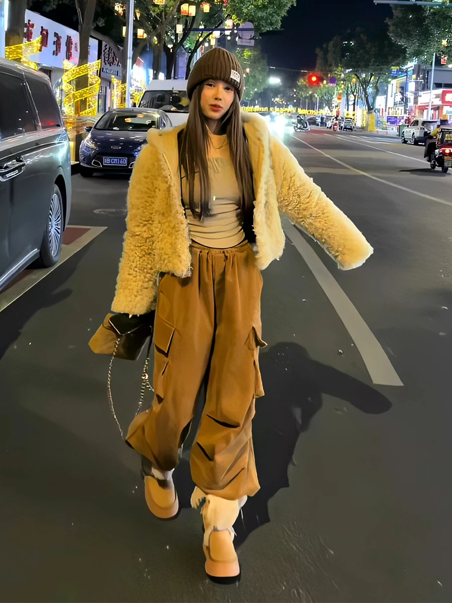 

Warm Furry Lamb Fur ort Coat Women's Wide Leg Pants Workwear Sle Winter New Arrival Faion Set High Waist Trousers