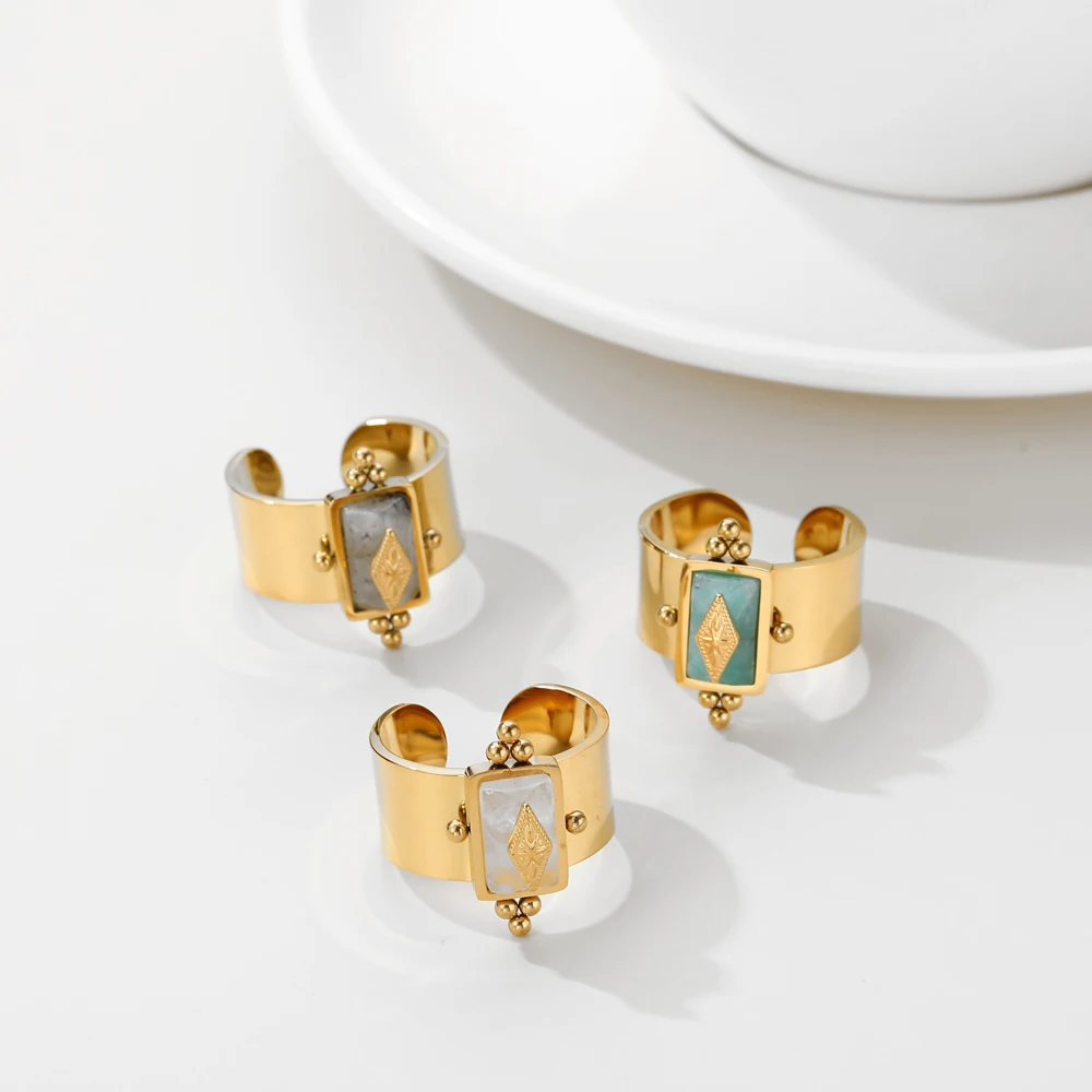 WILD & FREE 18K Gold Plated Stainless Steel Natural Stone Rings for Women Vintage Luxury Adjustable Wide Ring Waterproof Jewelry