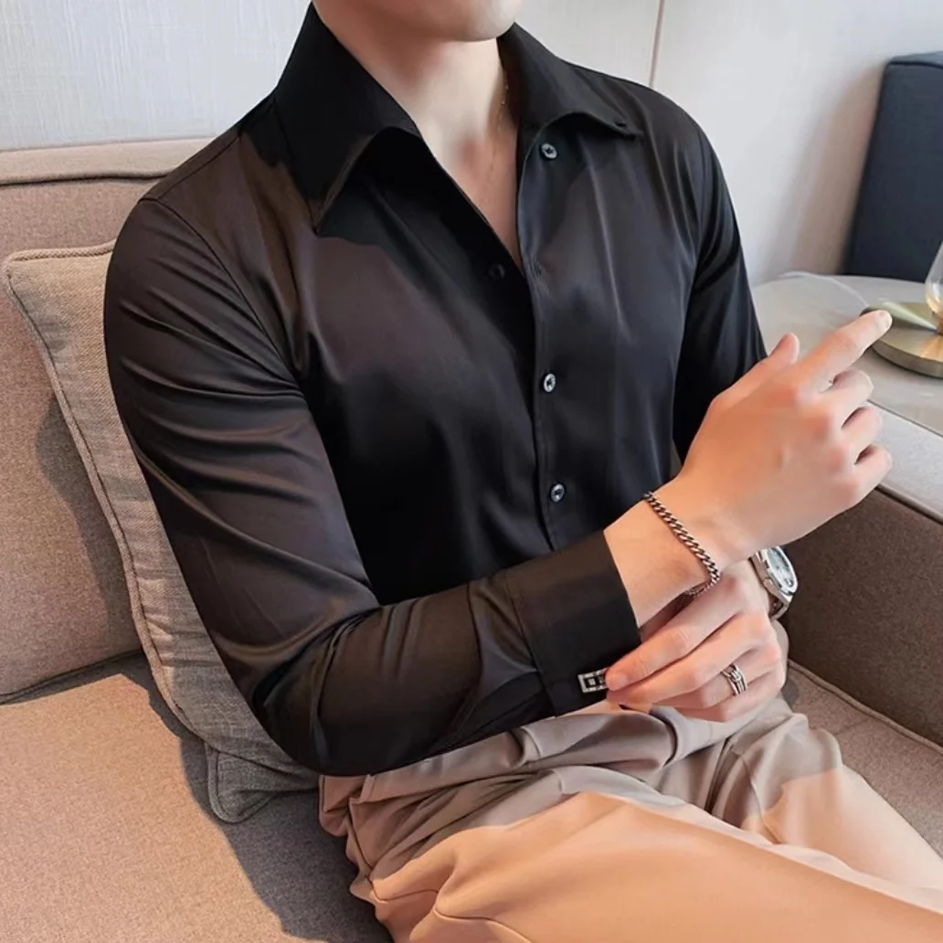 

Spring New Men's High end French Cufflinks Long sleeved Shirt No Need for Ironing Wrinkle Resistant Fashion Mature Top