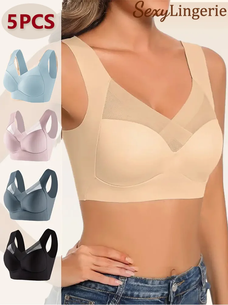 5Pcs Lace Sport Bras Plus Size Seamless Bra Bralette Backless Lady Brassiere Vest Female Gathers Shock-Proof Wireless Top L-3XL