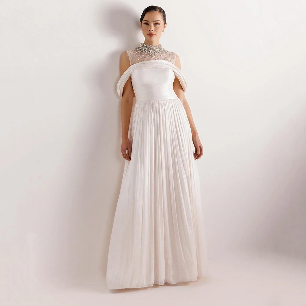 

Белое шифоновое вечернее платье с круглым вырезом по индивидуальному заказу с открытыми плечами и драпировкой из кристаллов Вечернее платье А-силуэта длиной до пола, платье для выпускного вечера