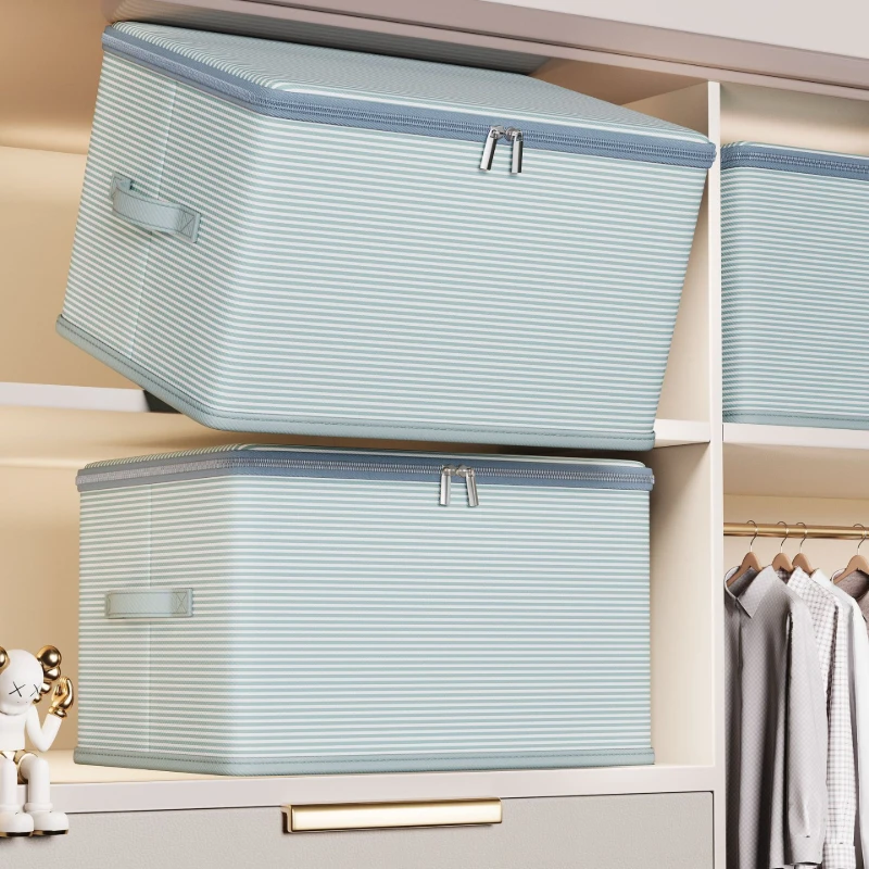 

Striped Double Zipper Folding Storage Box with Lid, Clothes Organizer for Home & Dorm Wardrobe