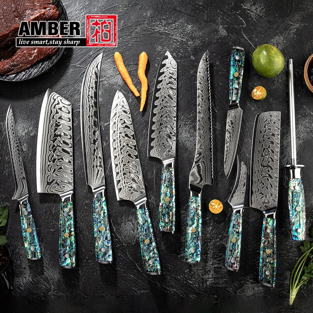 Amber Western Chef Knife 45-Layer AUS10V Damascus Knives Abalone Shell Transparent Handle Kitchen slicer Knife Alligator Pattern