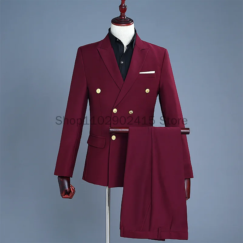 2023 New Men's Fashion Wine Red Double Buckle Suits Groom Dress Slim Singer Stage Costumes Hairstylist Host Two-piece Sets Suit