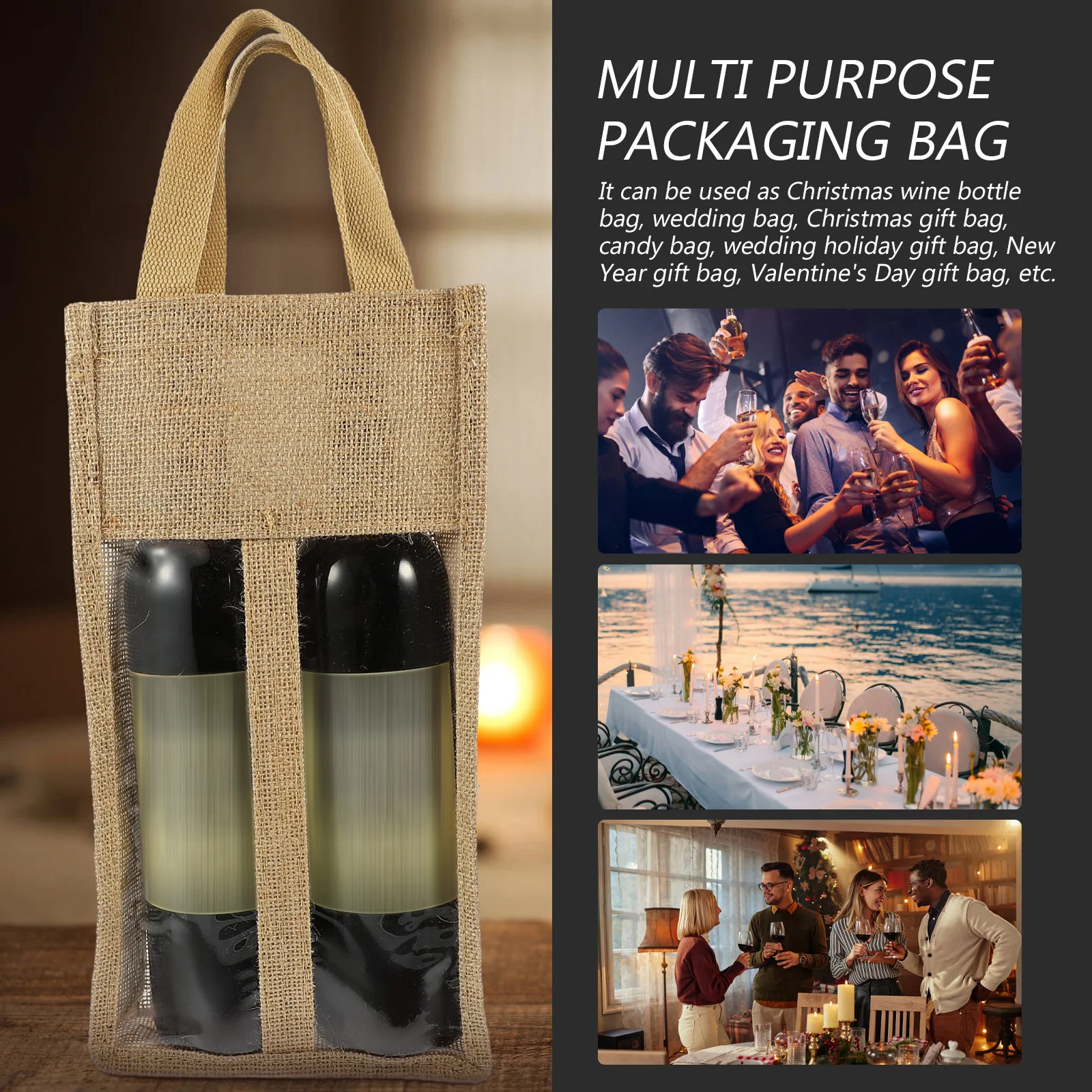 

Red Wine Handbag Rustic 2-Divided Portable Wine Bottle Gift Bag Clear Window Christmas Party Portable Gift Bag