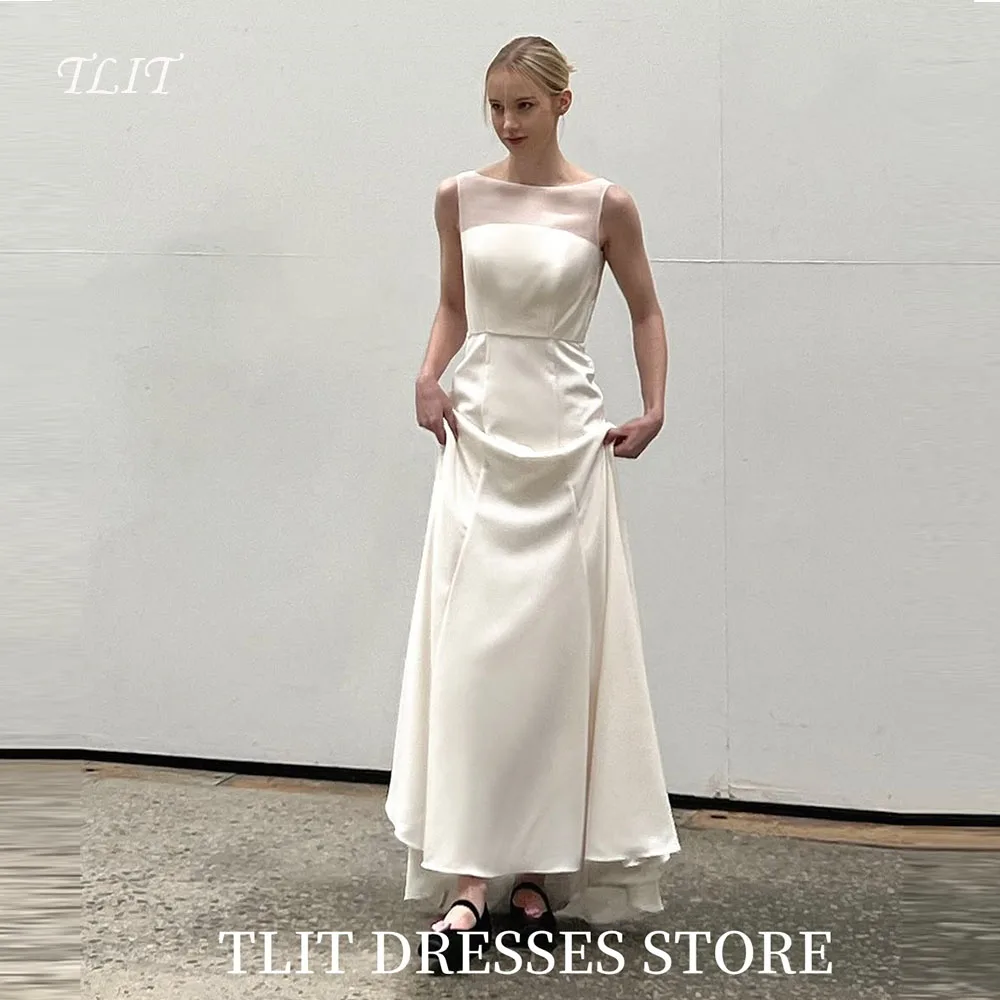 

TLIT Elegant Ivory Satin Wedding Dress O-Neck Backless Bridal Gowns Korea Wedding Photo Shoot Customized Bow Corset Back