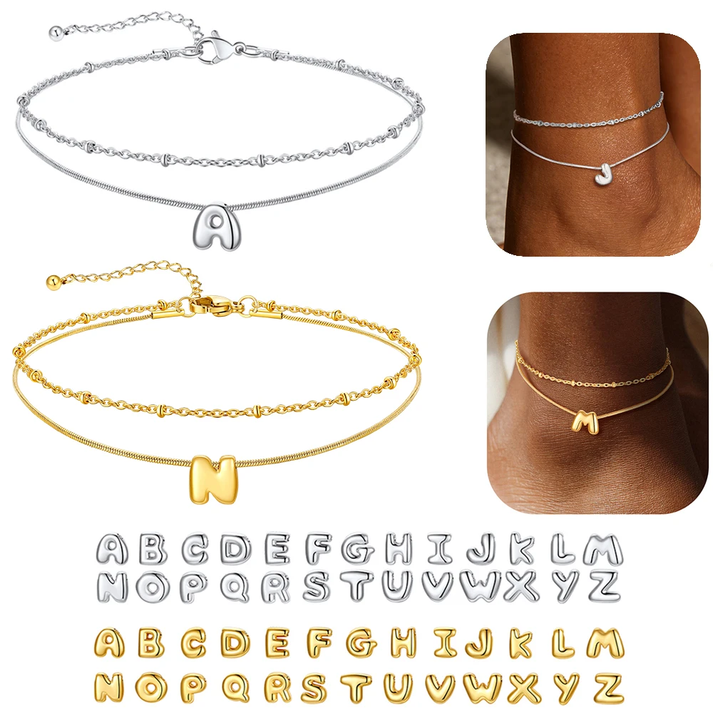 U7 Chunky Inital Letters Layered Chain Anklet Bracelets for Women 8.5+2inches Ball Beads Chain & Snake Chain Ankle Jewelry Gift