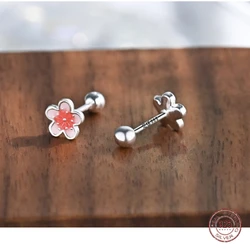 Fashion Pink Enamel Cherry Blossom Earring Women's 925 Sterling Silver CZ Flower Stud Earrings Valentine's Day Gift Jewelry