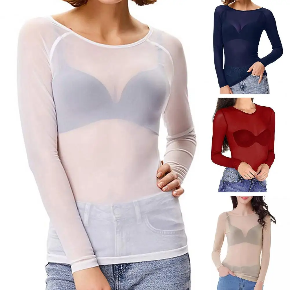 Blusa de malla transparente para mujer, Top elegante de manga larga con cuello redondo, Camisa ajustada, Top de gasa transparente con protección solar para verano