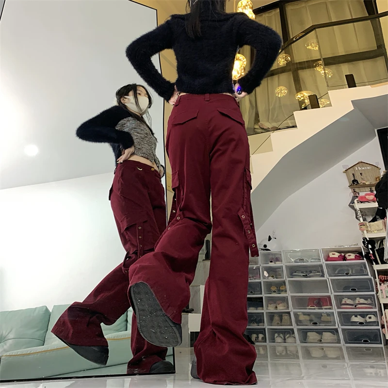 Trashy Y2K 2000S Streetwear Wine Red Baggy Flare Cargo Jeans Pants For Women Clothing Multi Pockets Straight Lady Trousers Ropa