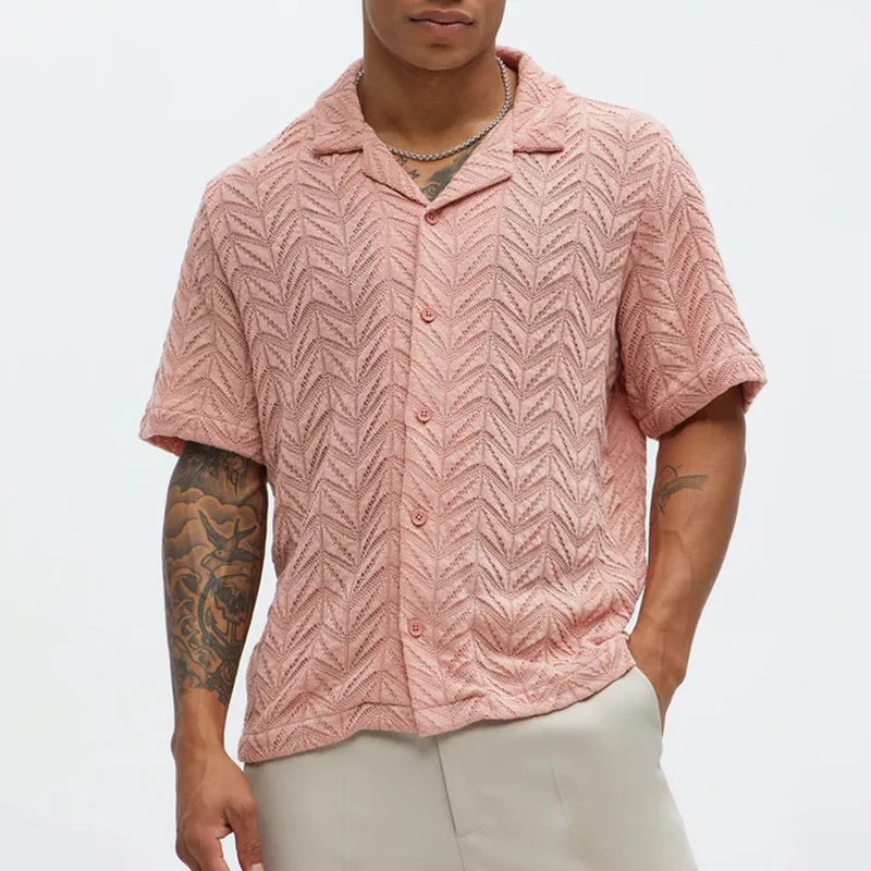 

Весенне-летняя новая полая сексуальная рубашка, мужская вязаная рубашка с лацканами и короткими рукавами, мужской топ с короткими рукавами