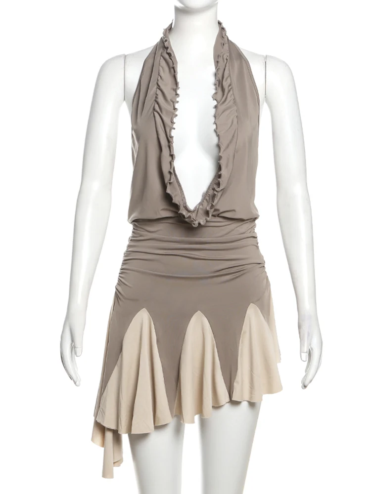 Whatiwear Gerafftes Low-Neck-Kleid für Damen, rückenfrei, ärmellos, Patchwork, Rüschen am Saum, klassisch, heißes Mädchen, Straße, Hipster, Mini, figurbetont