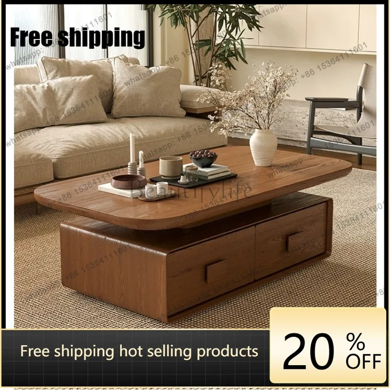 YJ Mid Century Wabi Sabi Rectangular Coffee Table Solid Wood Top 4 Drawers Storage Design Living Room Household Furniture