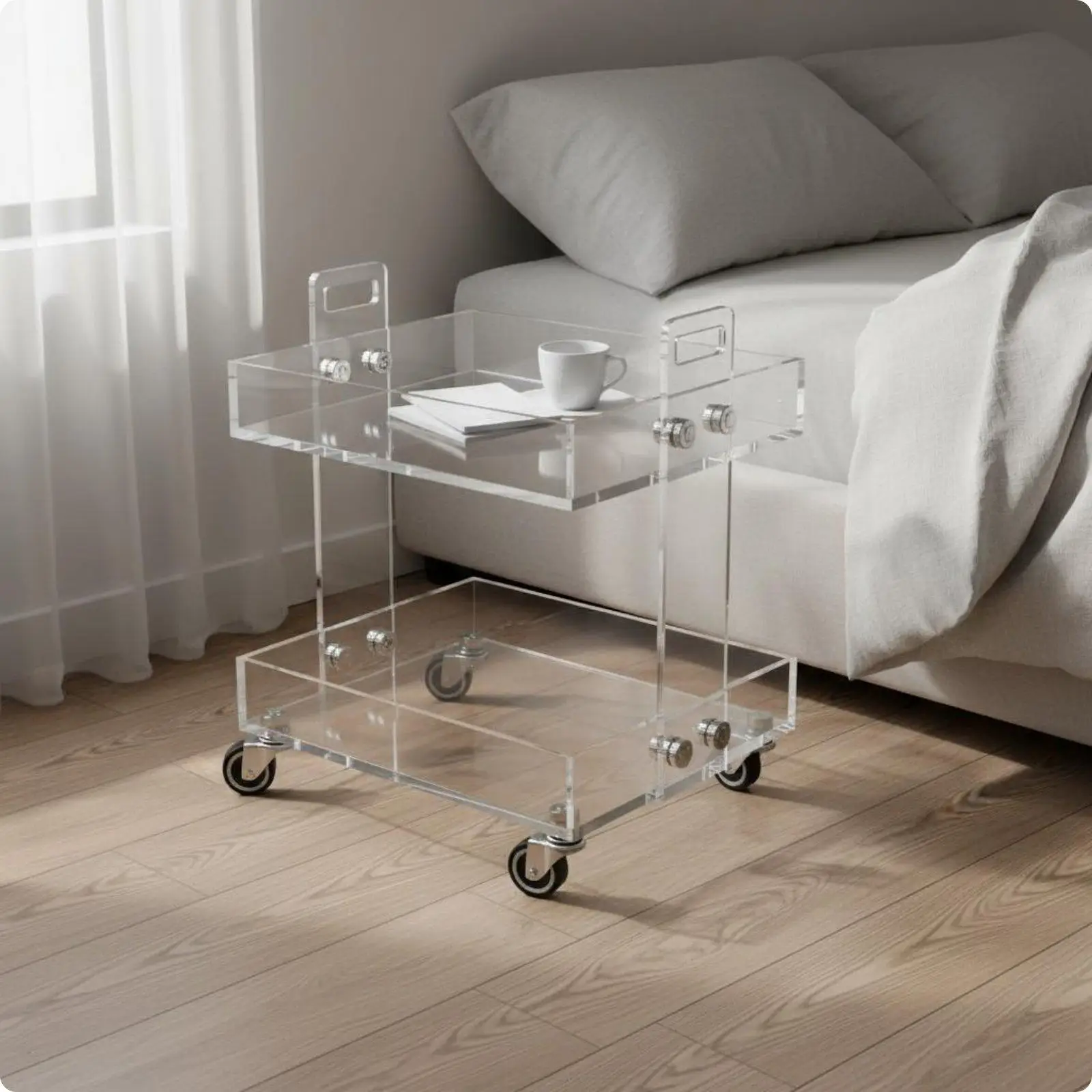 Acrylic Rolling Cart Multi-Layer Mobile Storage Cart Wheeled Transparent Side Table