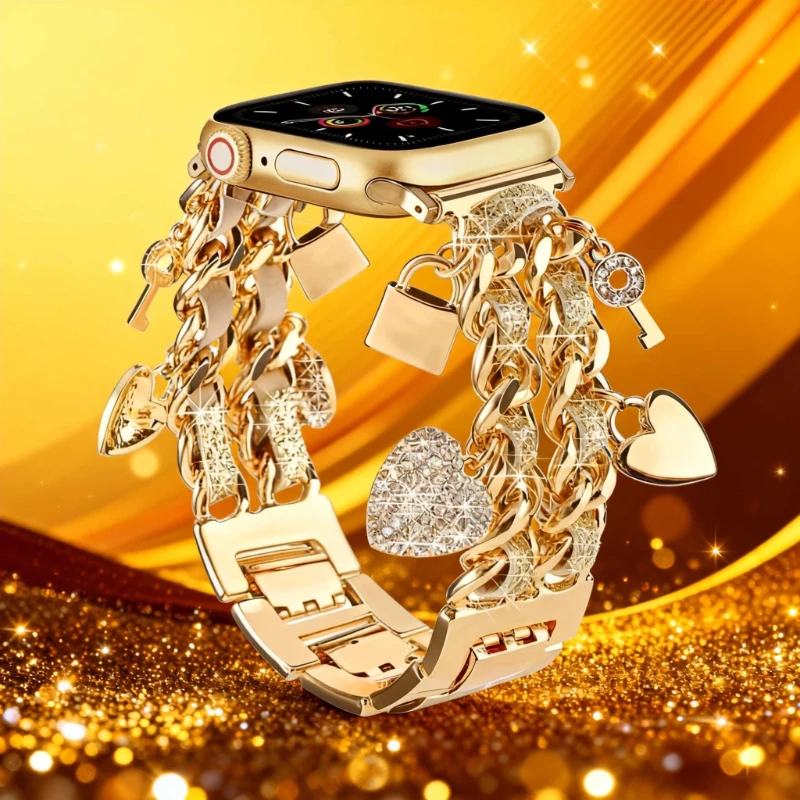Women Stylish Charm Strap for Apple Watch Band 38mm 40 44 42 46 4145mm Heart Lock Key Chain Bracelet iWatch 10 9 8 7 6 5 4 SE view 2
