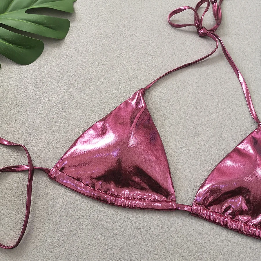 Conjunto de biquíni metálico brilhante de 3 peças feminino com cobertura sexy micro tanga maiô feminino cordão halter roupa de banho beachwear