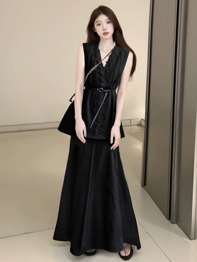 

Retro Korean Chic Lace Spliced V-Neck Vest Set Two-Piece Set Women's Summer New Fashionable Reducing Long Skire 2 Piece Outfits