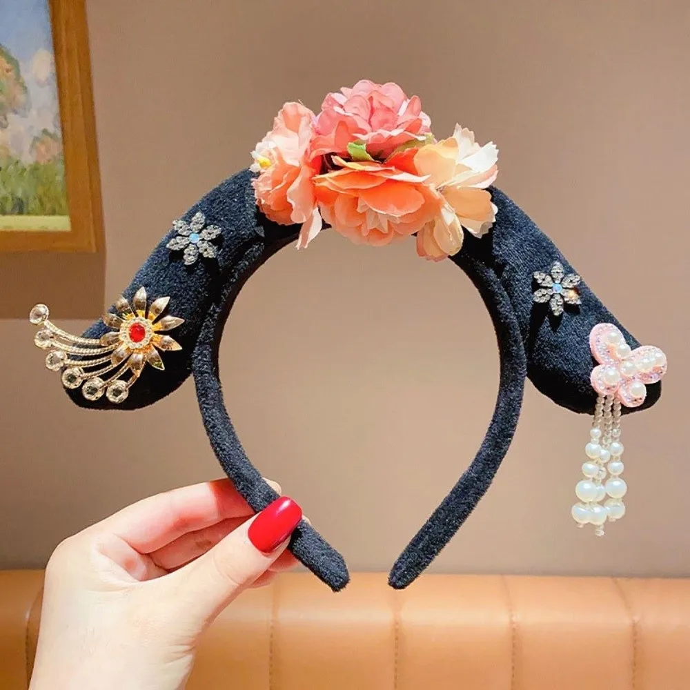

Антикварный цветок Ханфу повязка на голову с бантом и кисточкой в китайском стиле, головные уборы с короной и жемчугом, обруч для волос в древнем стиле, головной убор