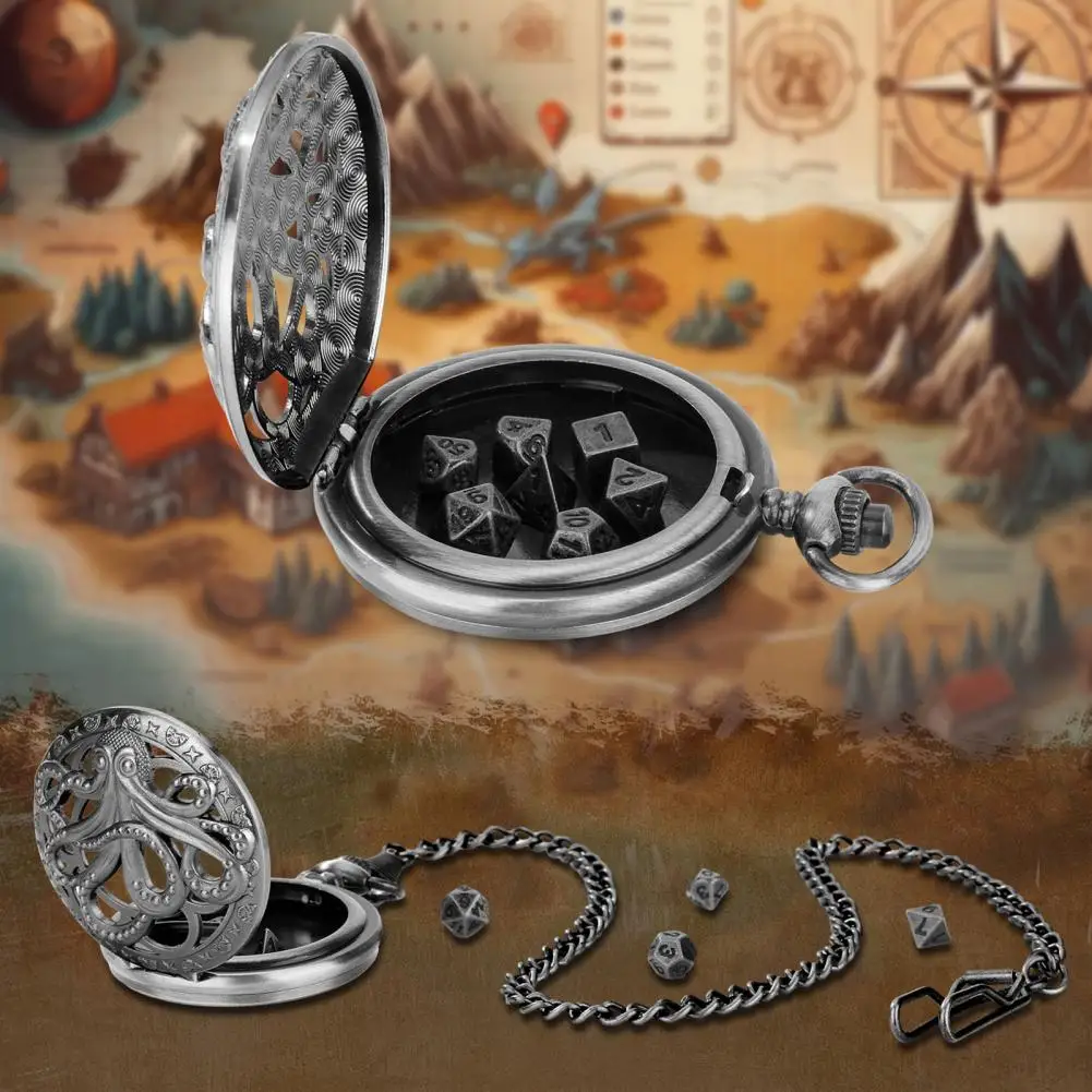 Vintage Pocket Watch Dice Polyhedral Metal Dice with Chain Steampunk Gear Octopus Pocket Watch Dice Set for Role Playing Games