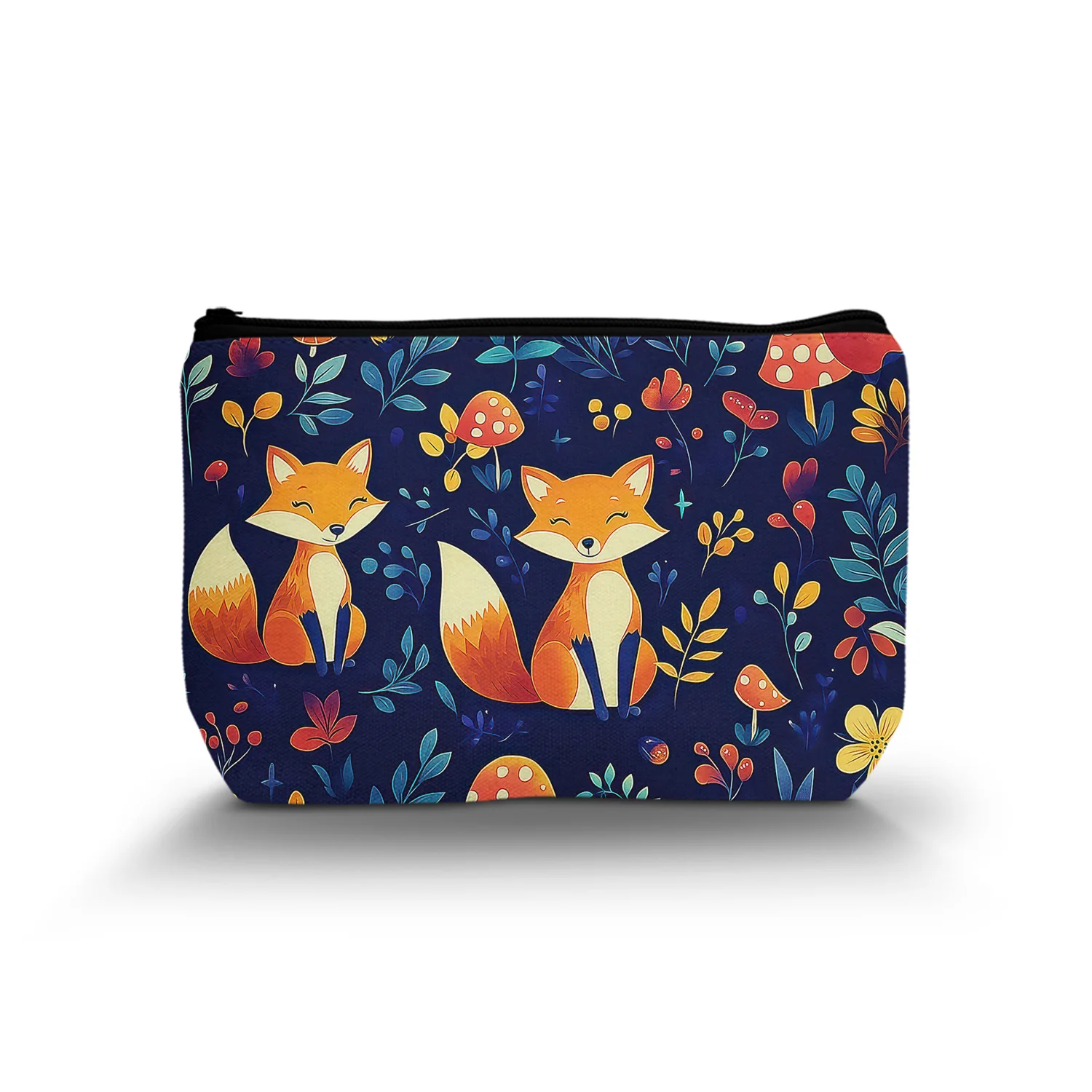 1Pc Cute Cartoon Fox Pattern Cosmetic Bag Mushroom Leaves Plant Animal Theme Black Background Cosmetic Bag