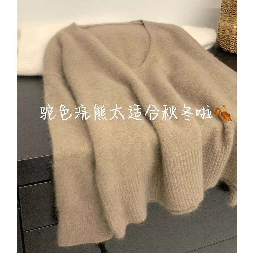 UMI MAO suave y acogedor azul pavo real con cuello en V ropa interior de punto para mujer suéter grueso suelto perezoso Jersey Top corto Tops de moda de otoño