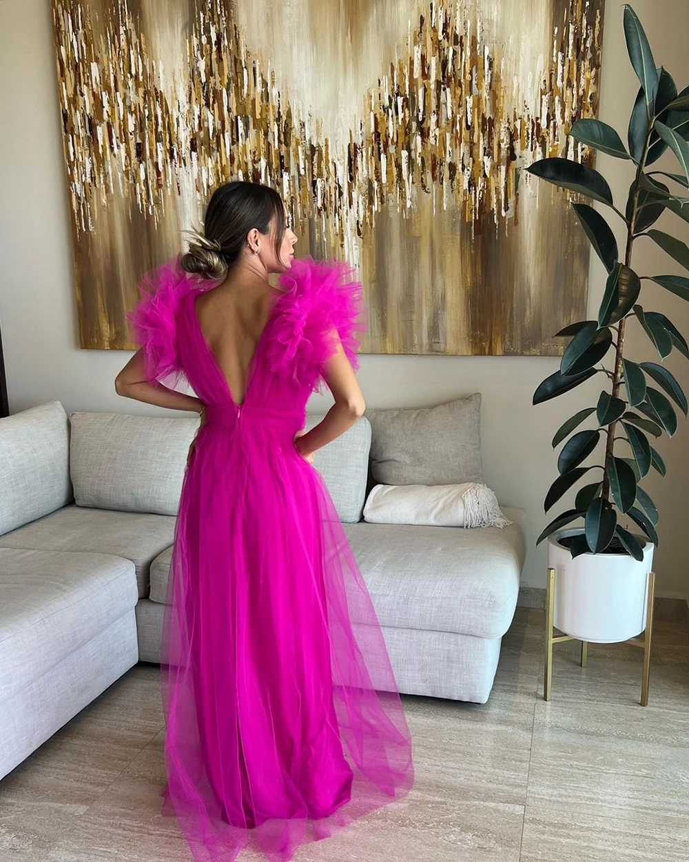 Verngo Deep V-neck Pink Evening Gown Side Slit Short Puff Sleeves Party Dress Tulle Zipper Princess Dresses For Formal Occasion